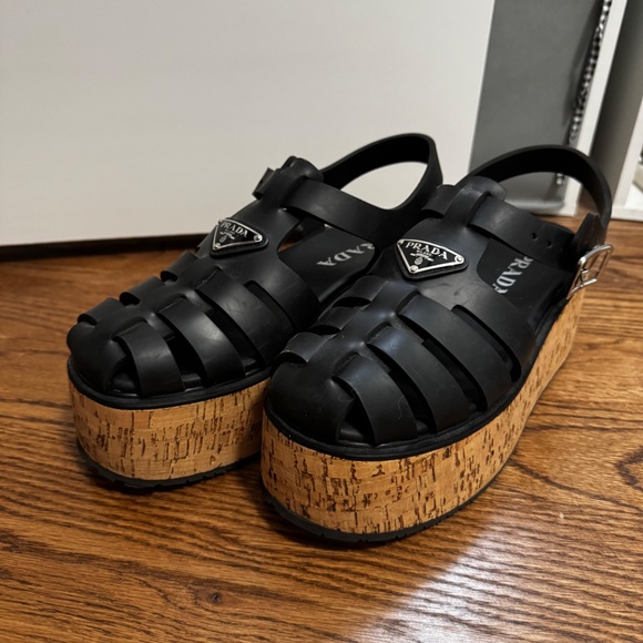 Prada Prada Black Rubber Monolith Platform Cork Sandals - Picture 7 of 12